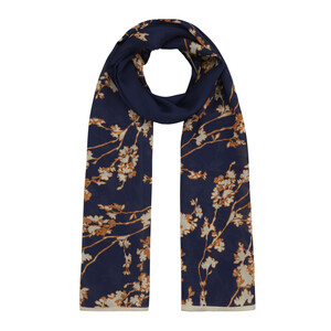 Navy Gold Cercis Flower Cotton Rayon Scarf - Thumbnail