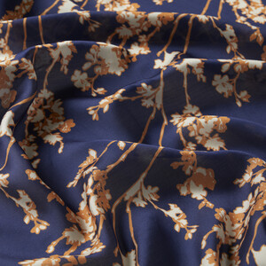 Navy Gold Cercis Flower Cotton Rayon Scarf - Thumbnail