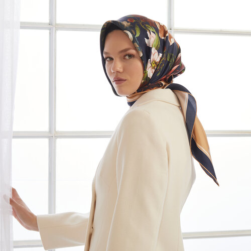 Navy Gold Garden Of Eden Twill Silk Scarf