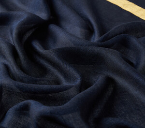 Navy Gold Striped Wool Silk Scarf - Thumbnail