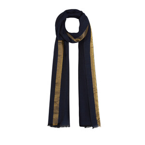 Navy Gold Striped Wool Silk Scarf - Thumbnail