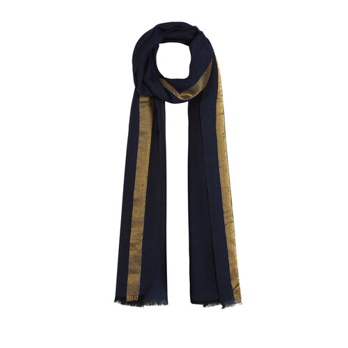 Navy Gold Striped Wool Silk Scarf