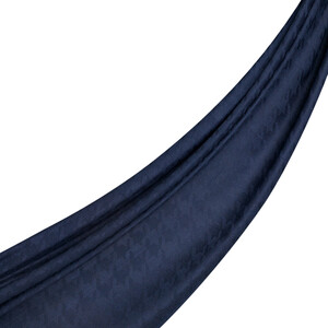 Navy Goose Foot Patterned Jacquard Wool Silk Shawl - Thumbnail