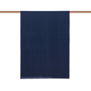 Navy Goose Foot Patterned Jacquard Wool Silk Shawl - Thumbnail