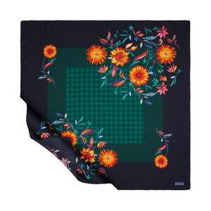Navy Green Botanical Dream Twill Silk Scarf - Thumbnail