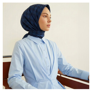 Navy Houndstooth Silk Twill Scarf - Thumbnail