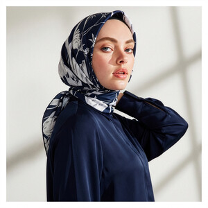 Navy Melancholia Print Silk Twill Scarf - Thumbnail