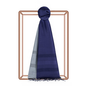 Navy Metalic Blue Mono Striped Gradient Silk Scarf - Thumbnail