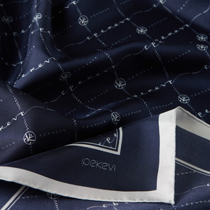 Navy Monogram Silk Twill Scarf - Thumbnail