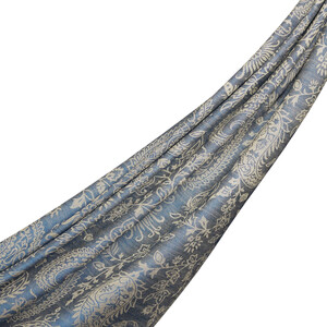 Navy Paisley Leaf Patterned Wool Silk Scarf - Thumbnail