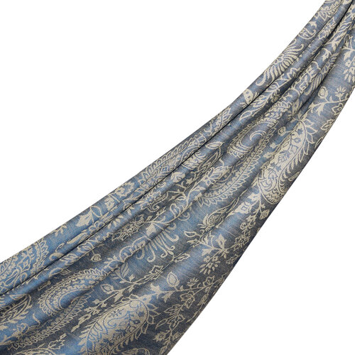 Navy Paisley Leaf Patterned Wool Silk Scarf