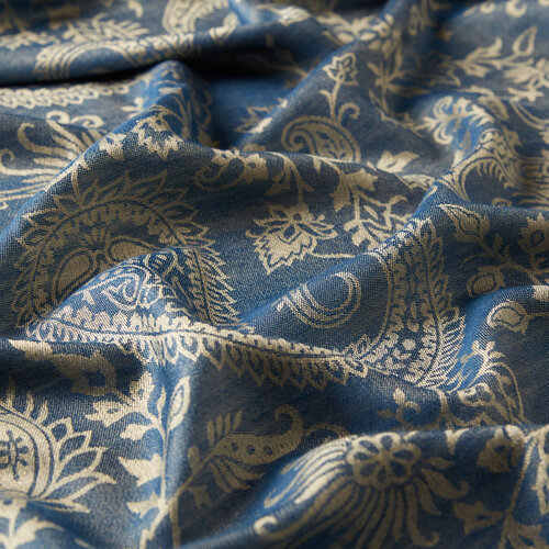 Navy Paisley Leaf Patterned Wool Silk Scarf