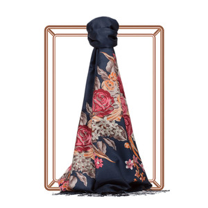 Navy Palace Garden Print Silk Scarf - Thumbnail