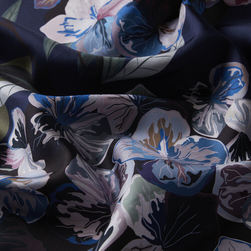 Navy Poligala Flower Twill Silk Scarf