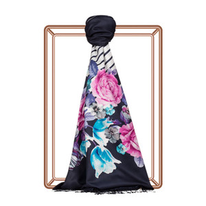 Navy Rose Basket Print Silk Scarf - Thumbnail