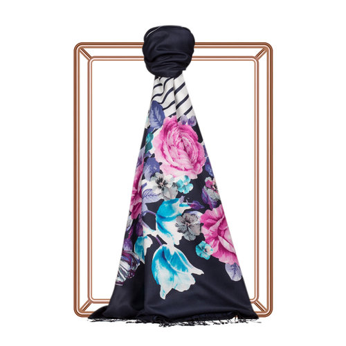 Navy Rose Basket Print Silk Scarf