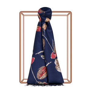 Navy Rose Print Silk Scarf - Thumbnail