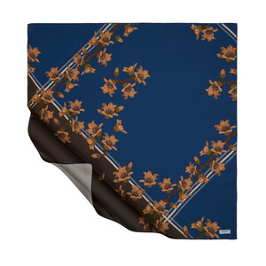 Navy Silk Floss Tree Patterned Twill Silk Scarf - Thumbnail