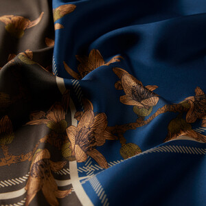 Navy Silk Floss Tree Patterned Twill Silk Scarf - Thumbnail