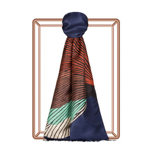 Navy Silk Tree Print Silk Scarf - Thumbnail