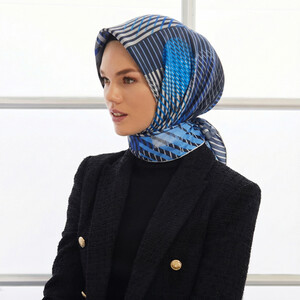 Navy Silver Modern Twill Silk Scarf - Thumbnail