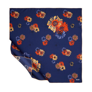 Navy Single Bloom Twill Silk Scarf - Thumbnail