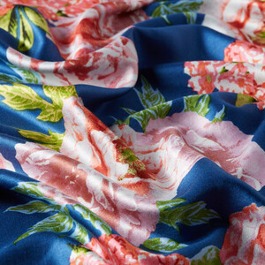 Navy Summer Bouquet Print Silk Scarf - Thumbnail