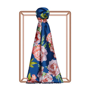Navy Summer Bouquet Print Silk Scarf - Thumbnail