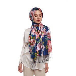 Navy Summer Bouquet Print Silk Scarf - Thumbnail