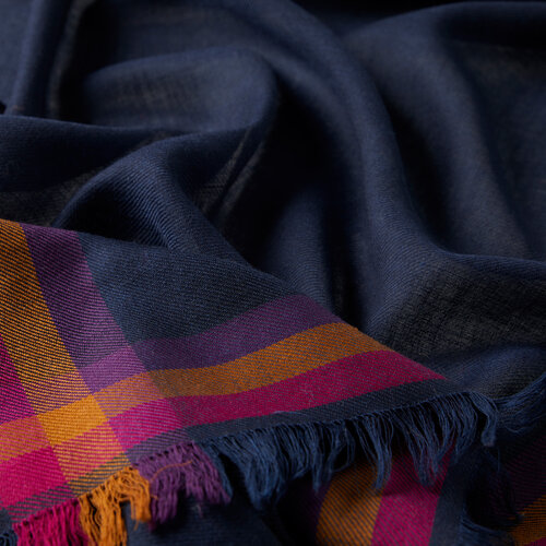 Navy Tartan Border Wool Silk Scarf