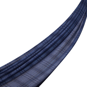 Navy Tartan Plaid Wool Silk Scarf - Thumbnail