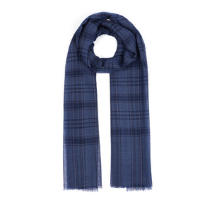 Navy Tartan Plaid Wool Silk Scarf - Thumbnail