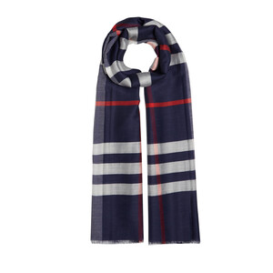 Navy Tartan Plaid Wool Silk Scarf - Thumbnail