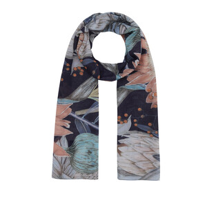Navy White Ginger Flower Cotton Scarf - Thumbnail