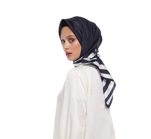 Navy White Signature Silk Twill Scarf - Thumbnail