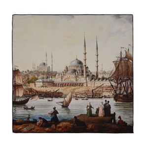 New Mosque and Istanbul Harbor Satin Silk Pocket Square - Thumbnail
