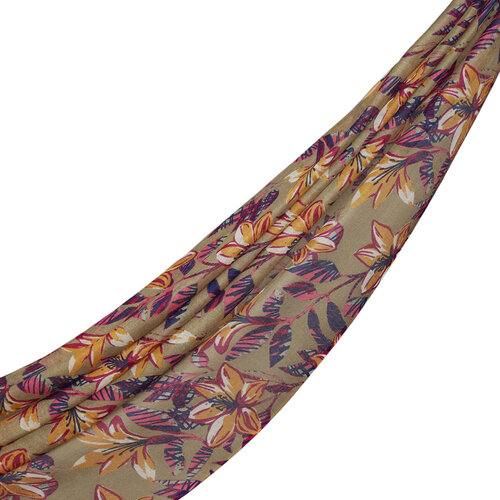 Oil Green Lily Print Wool Silk Scarf