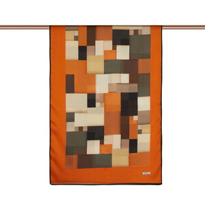 Orange Black Lego Print Cotton Rayon Scarf - Thumbnail