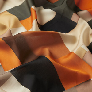 Orange Black Lego Print Cotton Rayon Scarf - Thumbnail