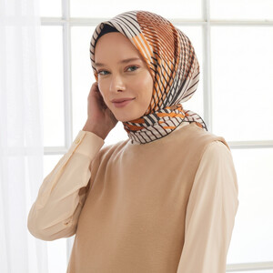 Orange Black Modern Twill Silk Scarf - Thumbnail