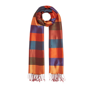 Orange Block Striped Reversible Silk Scarf - Thumbnail