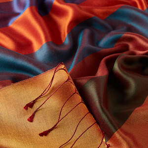 Orange Block Striped Reversible Silk Scarf - Thumbnail