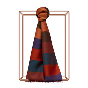 Orange Block Striped Reversible Silk Scarf - Thumbnail