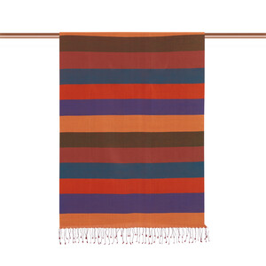 Orange Block Striped Reversible Silk Scarf - Thumbnail