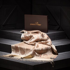 Ottoman Beige Jacquard Hand Woven Prime Silk Scarf - Thumbnail