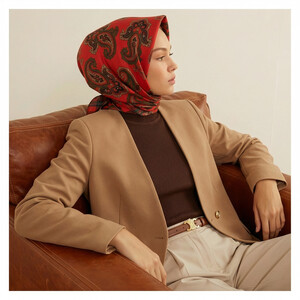 Ottoman Red Patchwork Patterned Twill Silk Scarf - Thumbnail