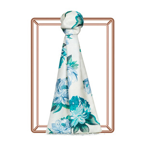 Pearl White Camellia Patterned Silk Scarf - Thumbnail