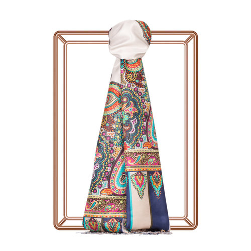 Pearl White Frame Paisley Print Silk Scarf