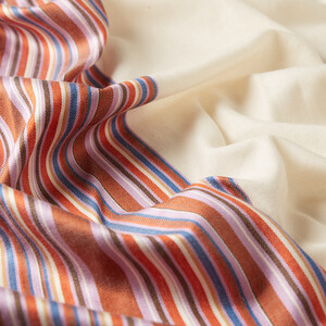 Pearl White Rainbow Striped Cotton Silk Scarf - Thumbnail