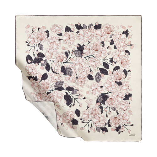 Pearl White Sakura Print Silk Twill Scarf